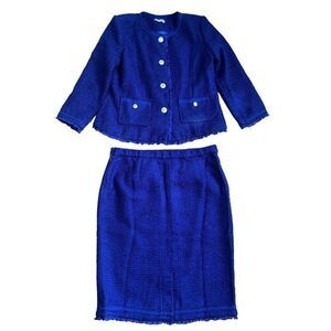 Joan Rivers 2-Piece Tweed Jacket Skirt Suit Royal Blue Size 14